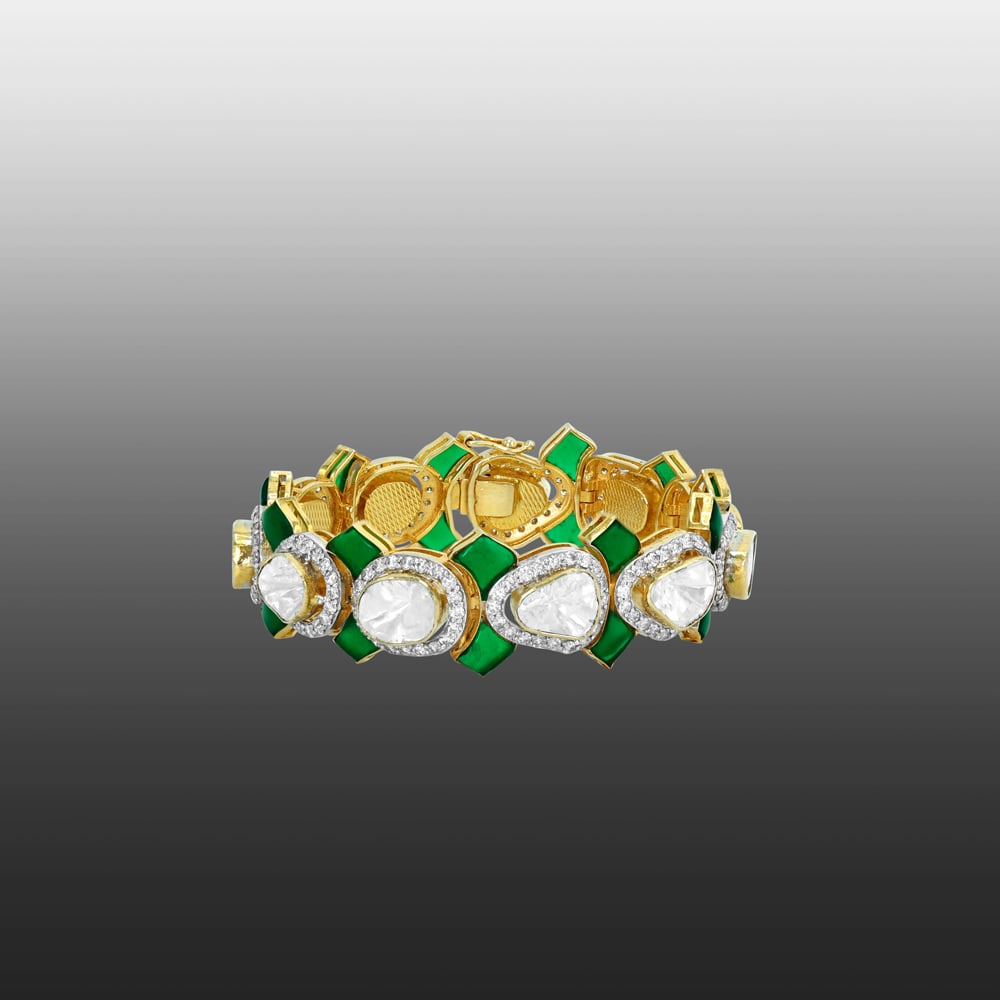 Polki and Green Stone Bracelet with Full-Cut Diamond Frames